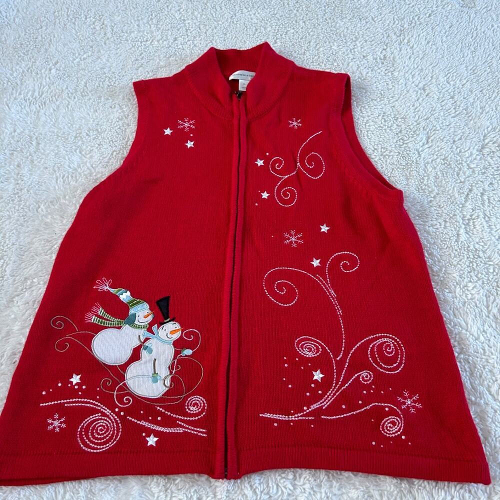 VTG Christmas Red Vest Womens XL Snowman Holiday 90s Mom Retro Festive Cotton
